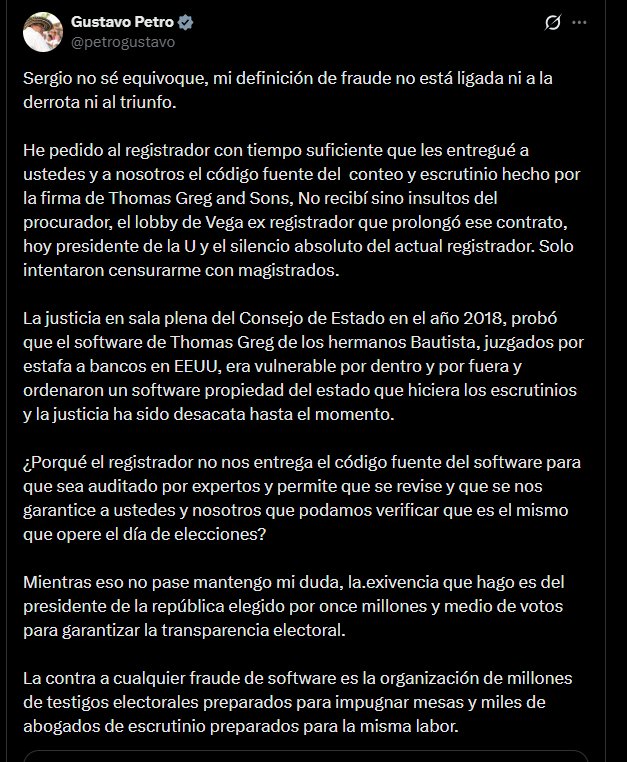 Gustavo Petro afirmó que, mientras eso no ocurra, mantendrá su duda sobre un posible fraude electoral y sostuvo que esa es la exigencia que debe hacer como presidente de Colombia - crédito @petrogustavo/X