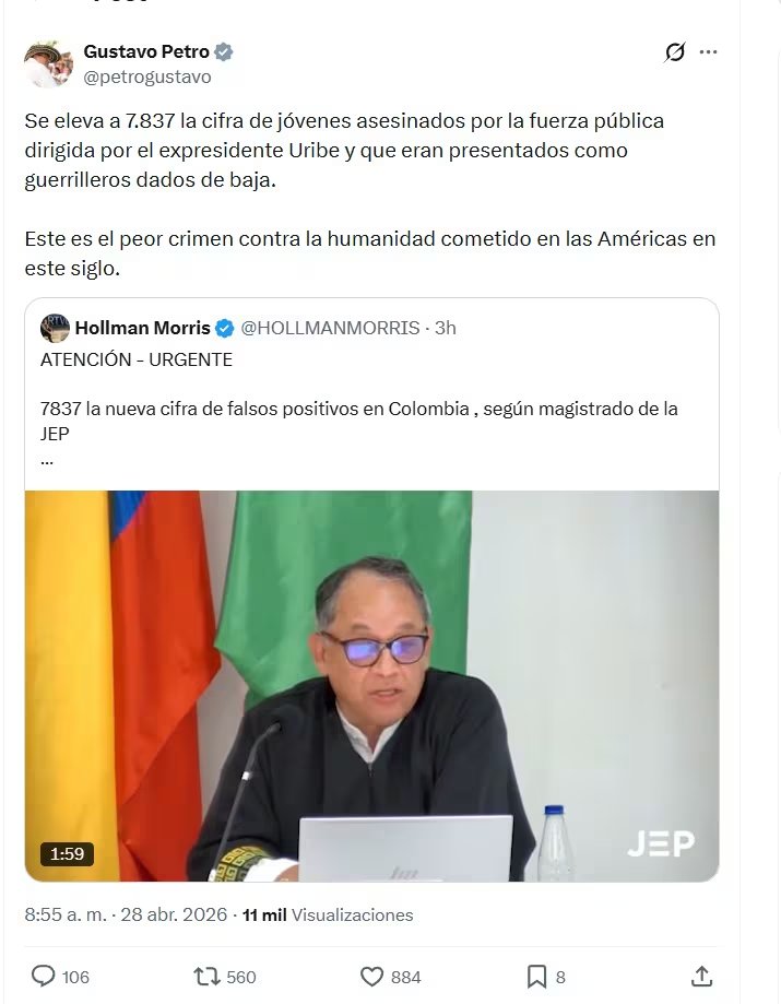 El jefe de Estado se refirió a la nueva cifra de víctimas de ejecuciones extrajudiciales, mal llamados 'falsos positivos', que ya no es de 6.402 sino de 7.837 víctimas, según la JEP - crédito @petrogustavo/X