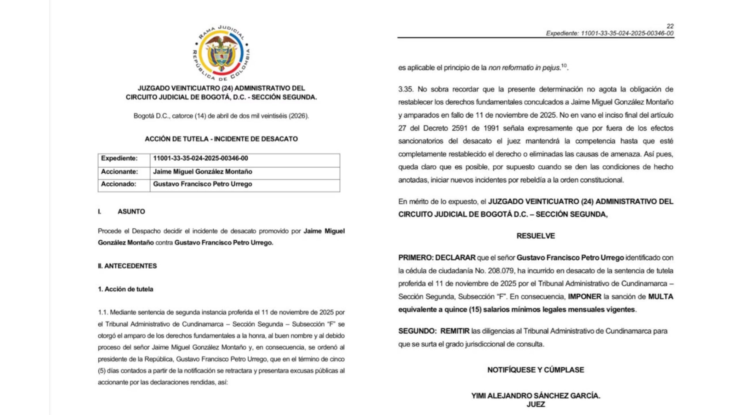 Documento del juzgado que impone sanción por desacato y ordena retractación pública por señalamientos sin pruebas contra directivo de Coosalud - crédito Rama Judicial de Colombia