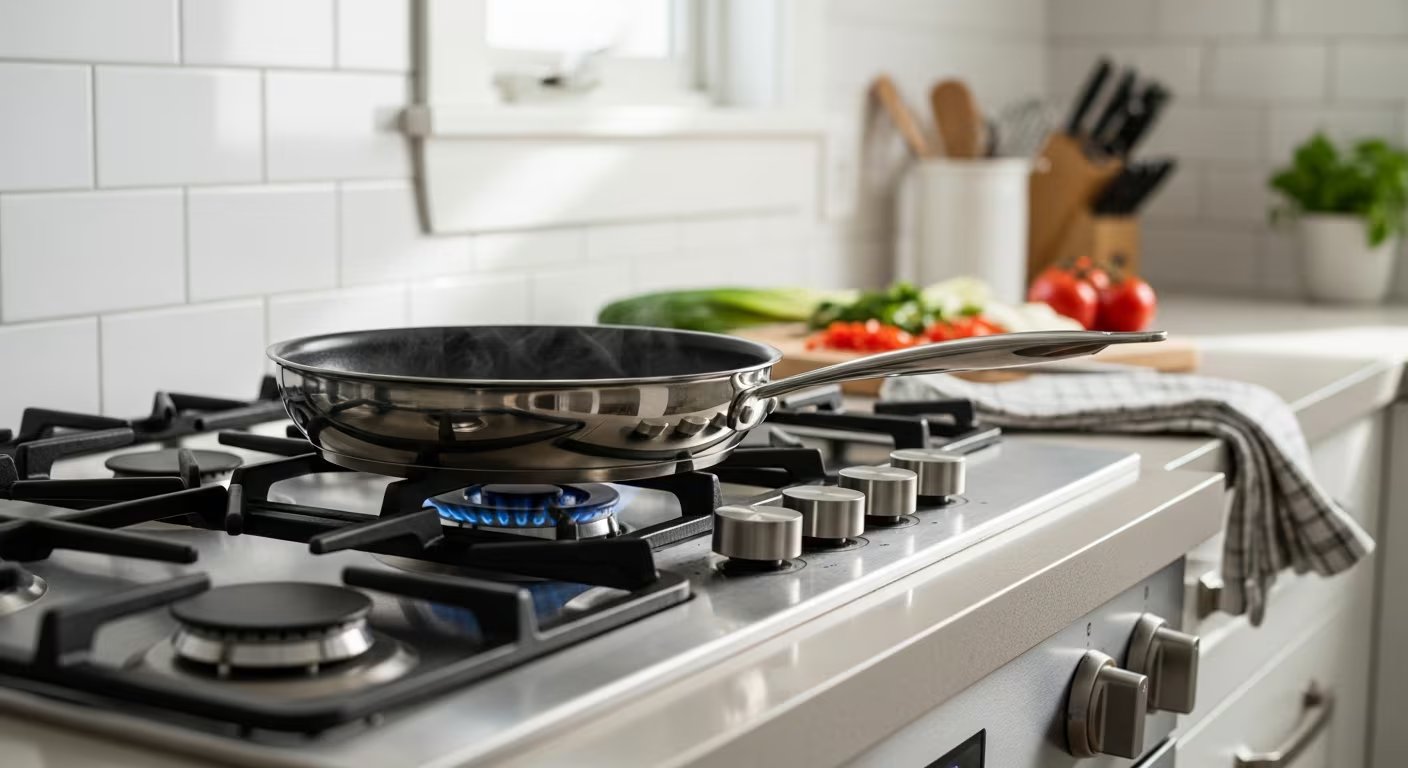Una sartén humeante se calienta sobre una estufa de gas encendida en una cocina moderna, con vegetales frescos picados esperando ser cocinados bajo la luz natural. (Imagen Ilustrativa Infobae)