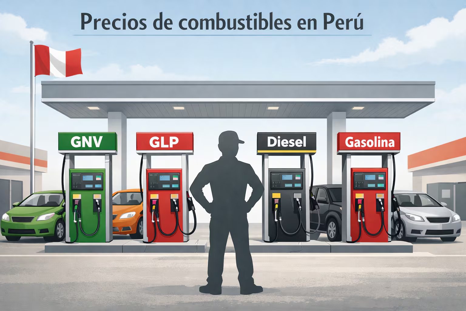 Ilustración de una estación de servicio en Perú mostrando surtidores para GNV, GLP, Diesel y Gasolina, con la silueta de un trabajador y autos esperando. (Imagen Ilustrativa Infobae)