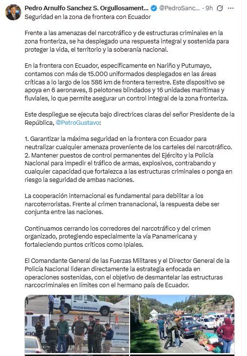 Pedro Sánchez, titular de la cartera, sostuvo que el despliegue se ejecuta bajo las directrices del presidente Gustavo Petro - crédito @PedroSanchezCol/X