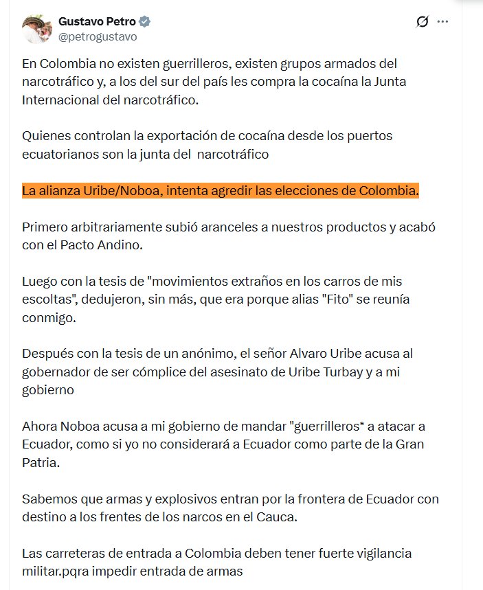 Gustavo Petro respondió con órdenes de carácter militar y de control territorial en el suroccidente del país responsabilizando a Daniel Noboa y Álvaro Uribe - crédito @petrogustavo/X