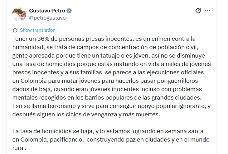 El mandatario colombiano aseguró que mantener un alto porcentaje de personas privadas de la libertad sin haber cometido delitos constituye un crimen contra la humanidad - crédito @petrogustavo/X