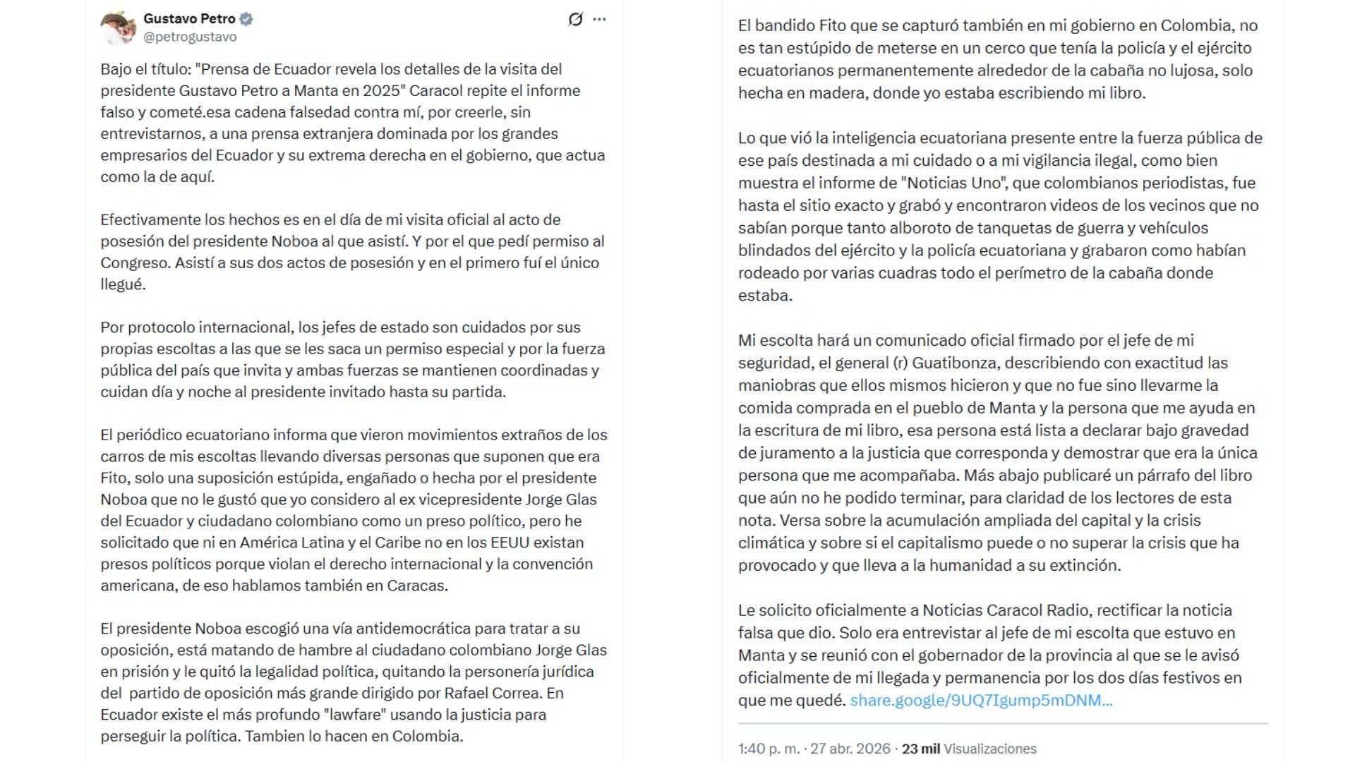 Petro rechaza nexos con alias Fito tras informe ecuatoriano - crédito @petrogustavo/X
