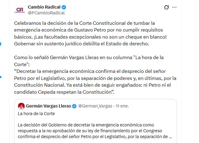 El partido Cambio Radical celebró la caída de la emergencia económica del Gobierno Petro - crédito @PCambioRadical/X
