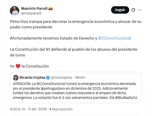 El representante Mauricio Parodi celebró la decisión de la Corte Constitucional de tumbar la emergencia económica del Gobierno - crédito @maoparodi/X