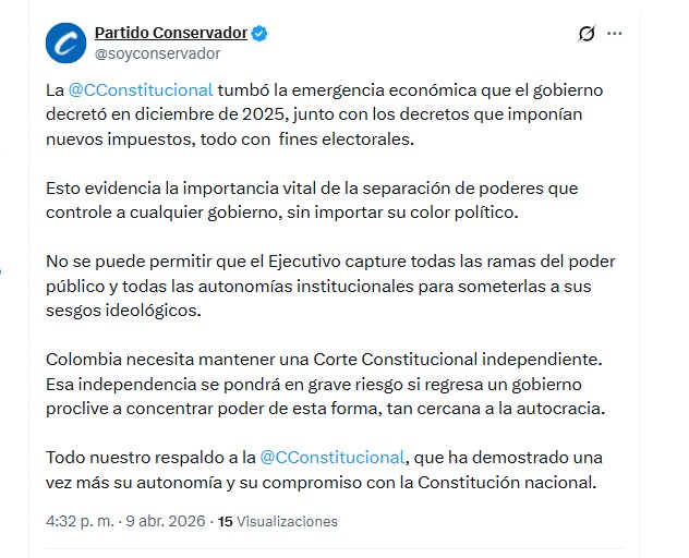 El Partido Conservador respaldó a la Corte Constitucional por tumbar la emergencia económica del Gobierno Petro - crédito @soyconservador/X