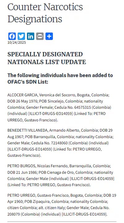 El presidente Petro, parte de su familia y el ministro Armando Benedetti fueron incluidos en la Lista Clinton - crédito Office of Foreign Assets Control