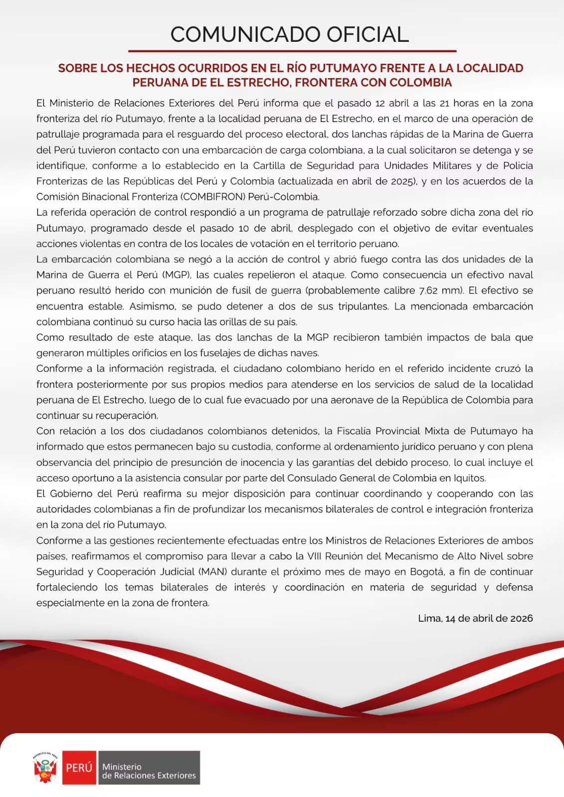 Estos fueron los descargos del Gobierno peruano - crédito Cancillería de Perú 