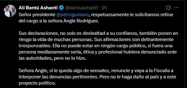 Alí Bantú Ashanti pide al presidente retirar a Angie Rodríguez y califica sus declaraciones como irresponsables y riesgosas para el país - crédito Alí Bantú/X