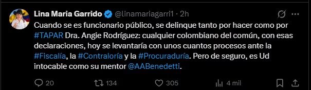 Lina María Garrido cuestiona que no haya acciones judiciales tras las graves denuncias y advierte sobre responsabilidades por omisión en funcionarios públicos - crédito Lina María Garrido/X