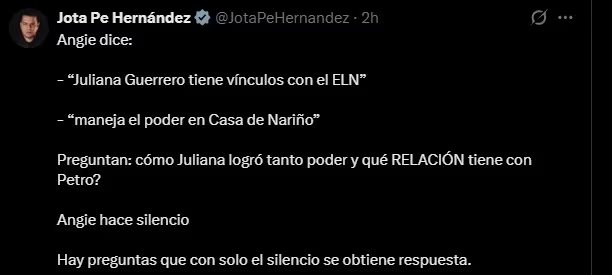 Jota Pe Hernández reacciona a las denuncias de Angie Rodríguez y cuestiona el silencio sobre la relación entre Juliana Guerrero y el presidente Gustavo Petro - crédito Jota Pe Hernández/X