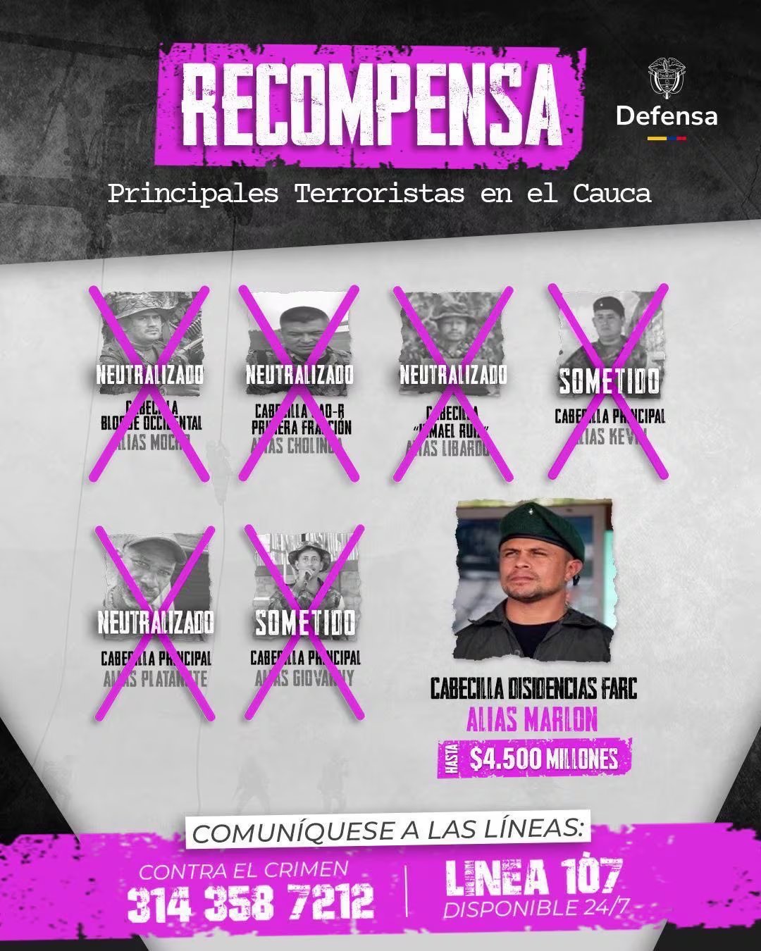 El ministro de Defensa confirmó que la recompensa por alias Marlon aumentó a 5.000 millones de pesos - crédito Ministerio de Defensa