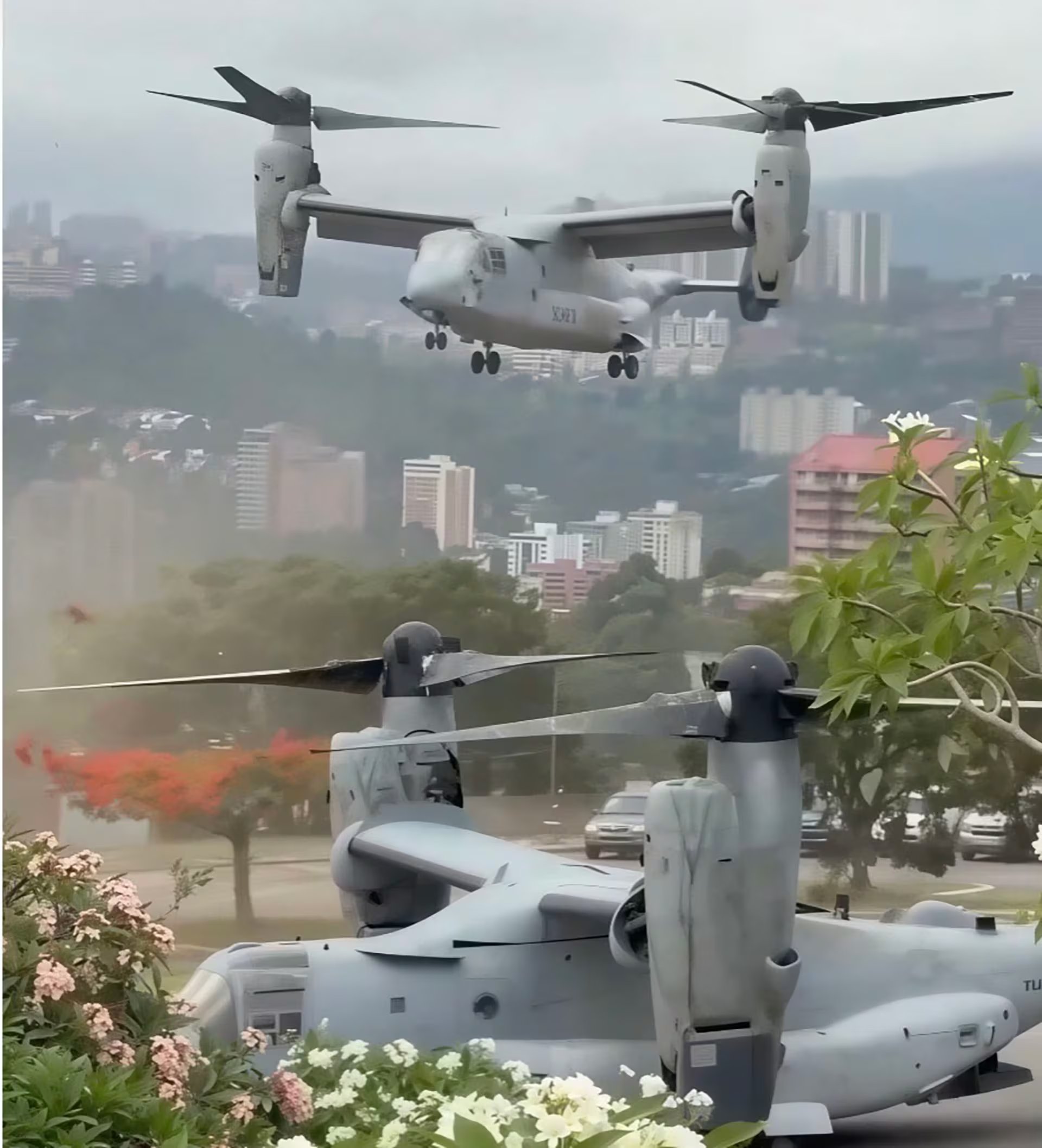 La inusual presencia de aeronaves de ala basculante en Caracas, con una en vuelo y otra en tierra, en el marco de los ejercicios militares autorizados por Miraflores.