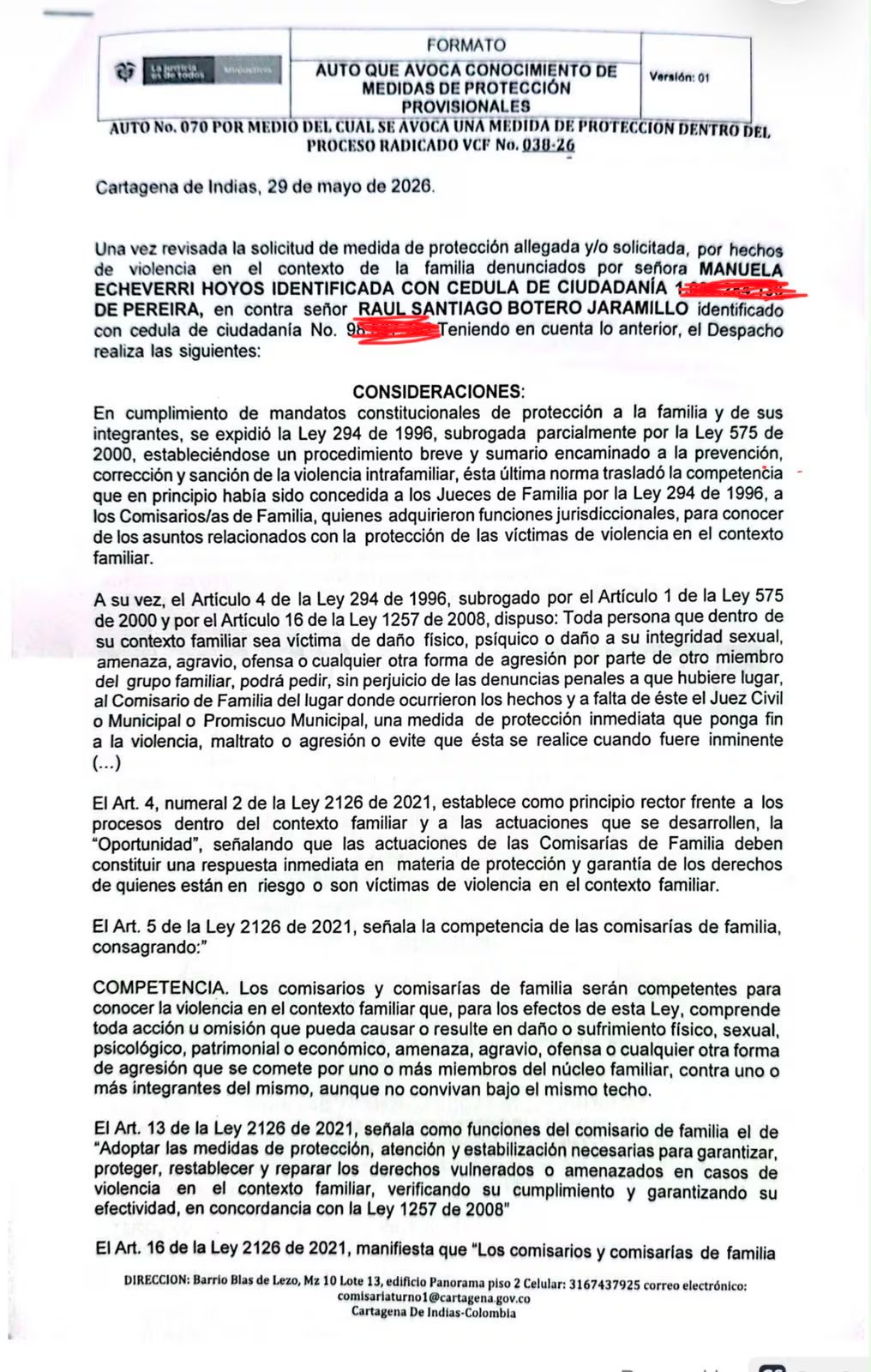 La medida, firmada el 29 de mayo de 2026, obedece a la percepción de amenaza para la integridad de la esposa y el hijo del aspirante presidencial y contempla protección y restricción de acceso - crédito Auto Judicial