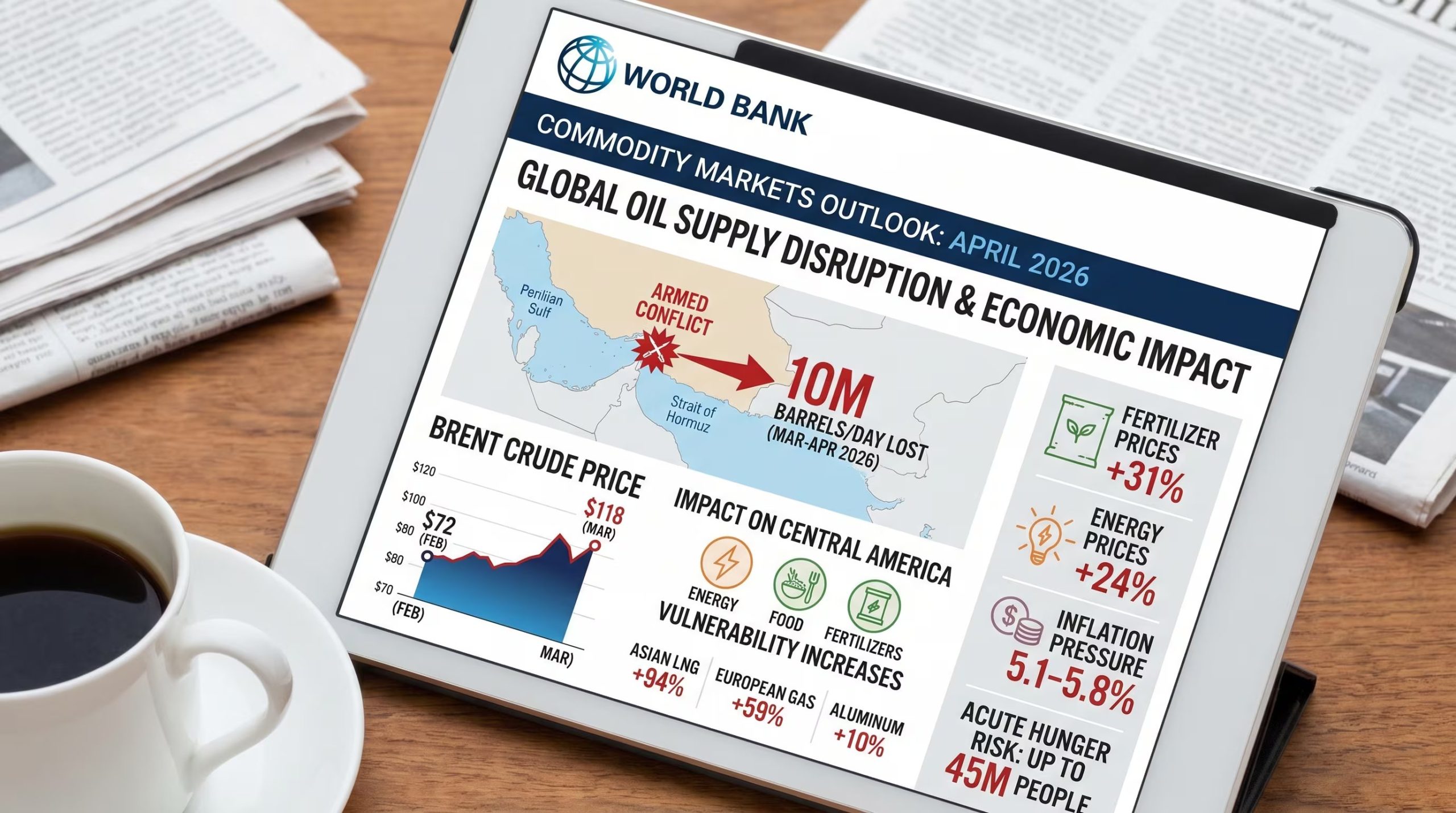 El informe del Banco Mundial de abril de 2026 detalla cómo la disrupción en el Estrecho de Ormuz causó una pérdida de 10 millones de barriles diarios y elevó los precios del crudo, con graves implicaciones para Centroamérica. (Imagen Ilustrativa Infobae)