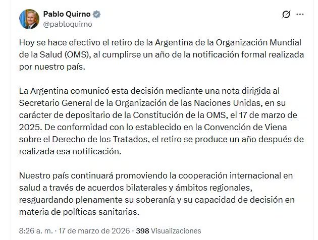 El posteo del canciller argentino, Pablo Quirno, con el anuncio el 17 de marzo de este año
