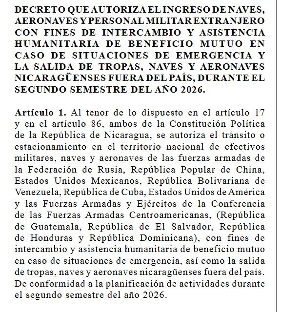 La autorización contempla la llegada de personal militar, naves y aeronaves de Estados Unidos y México para misiones humanitarias y de rescate ante desastres naturales. (Captura de La Gaceta)