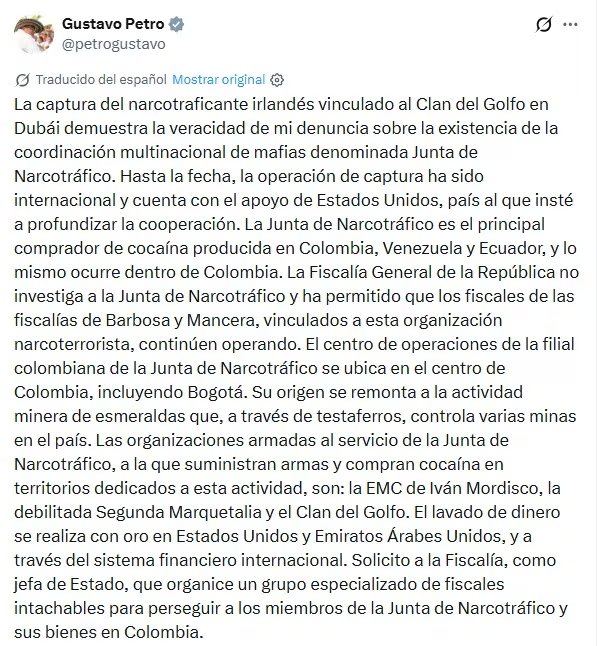 El presidente de Colombia Gustavo Petro sobre la captura del Irlandes Daniel Kinahami- crédito captura de pantalla @petrogustavo / X