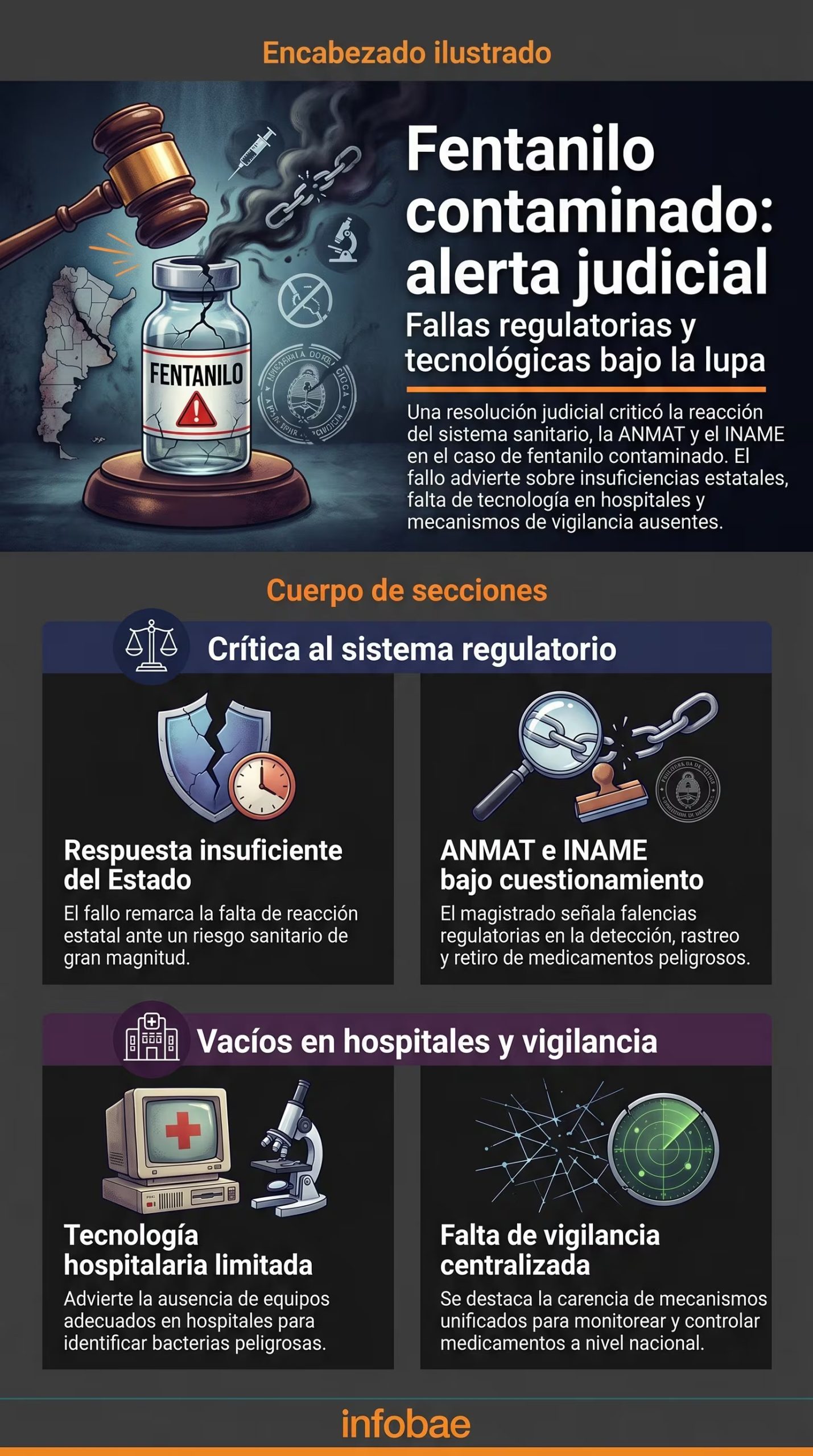 Una resolución judicial critica al sistema sanitario, ANMAT e INAME por su reacción insuficiente ante el fentanilo contaminado, señalando falencias regulatorias y tecnológicas. (Imagen Ilustrativa Infobae)