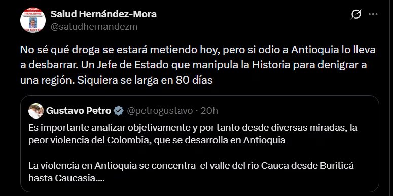 Salud Hernández-Mora acusó al mandatario colombiano de manipular la historia para “denigrar” al departamento de Antioquia - crédito @saludhernandezm/X
