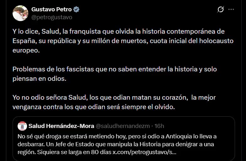 Gustavo Petro afirmó que no alberga odios, porque, según sus palabras, “los que odian matan su corazón” - crédito @petrogustavo/X