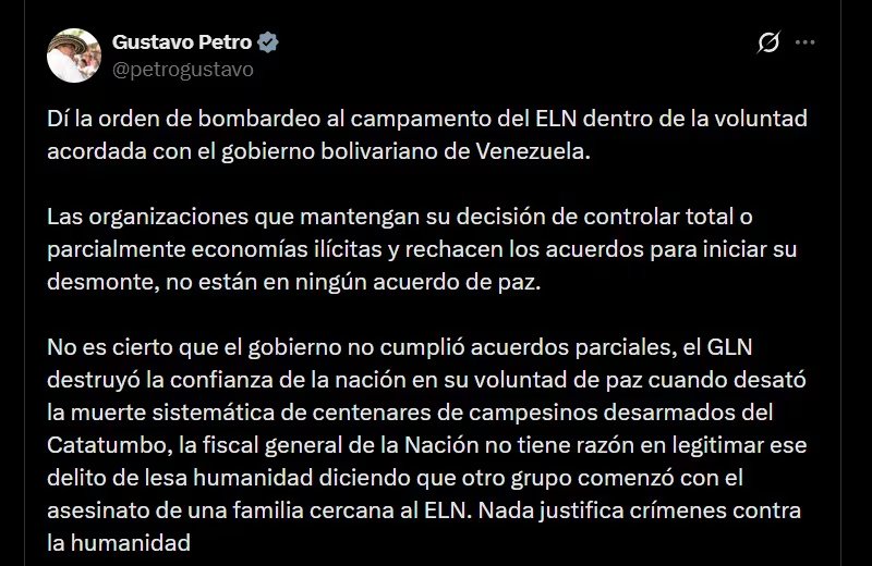 El presidente Petro ordenó bombardeo contra el ELN en Catatumbo - crédito @petrogustavo / X