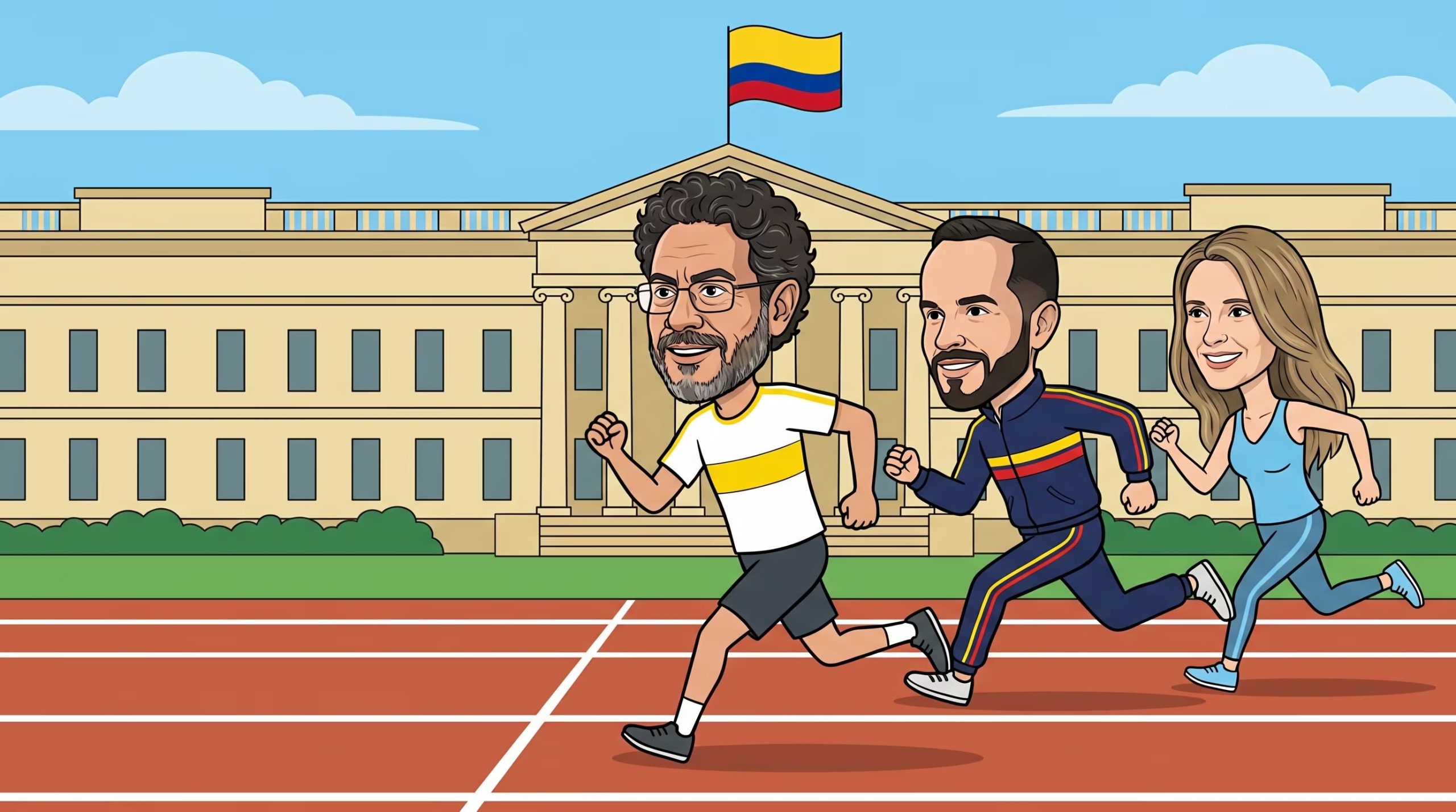 Una ilustración tipo caricatura muestra a Iván Cepeda, Abelardo de la Espriella y Paloma Valencia, los tres favoritos en las encuestas, corriendo una 