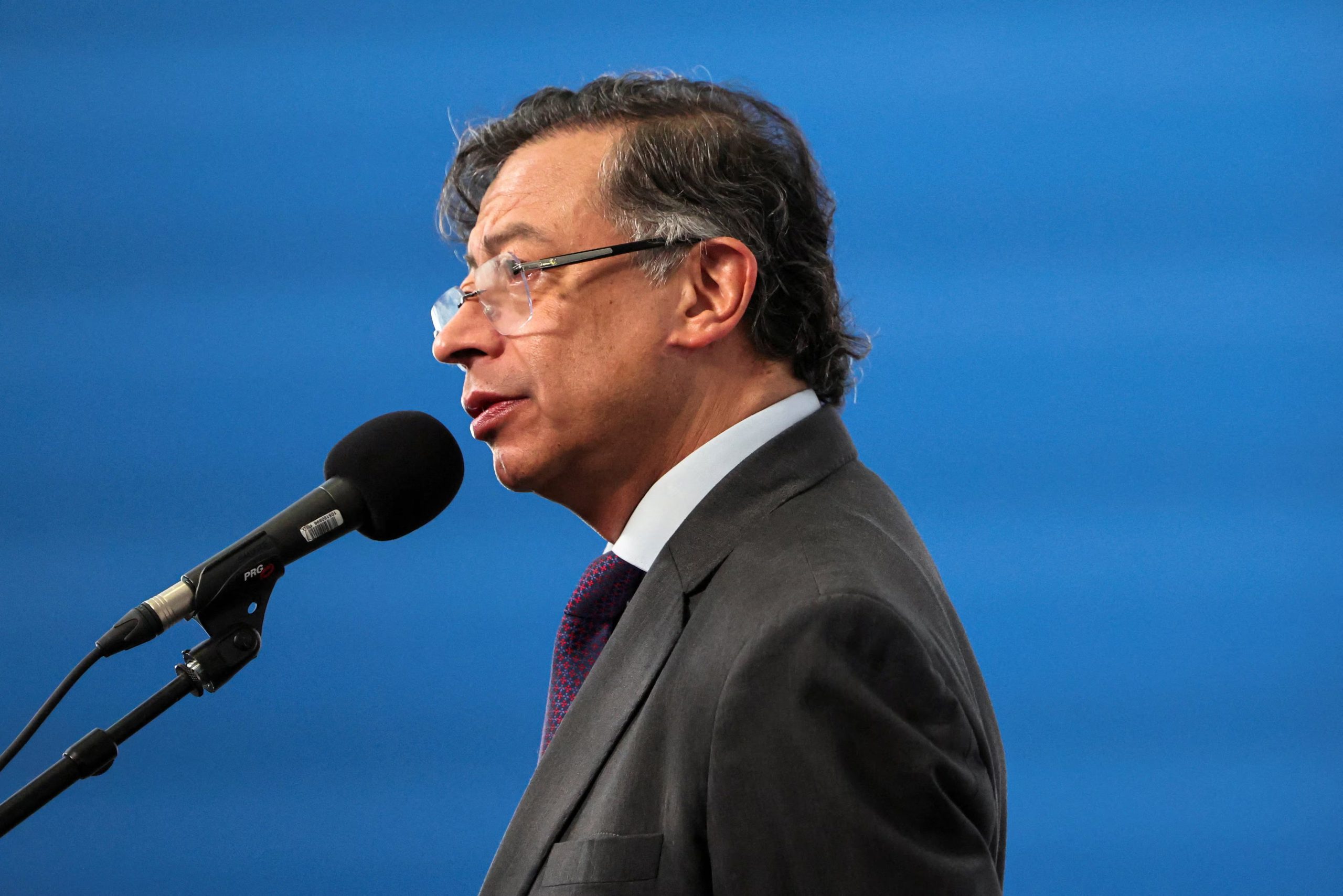 Colombia's President Gustavo Petro speaks to the press as he arrives at the summit 