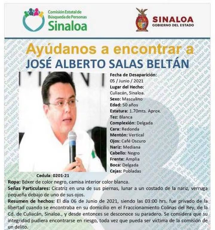 La ficha de búsqueda cuando José Alberto Salas Beltrán fue secuestrado en 2021. (FGE Sinaloa)