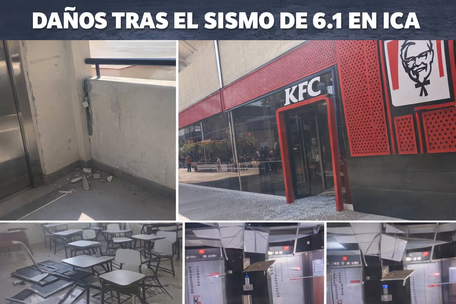 Este collage muestra los graves daños estructurales en Ica, con paredes agrietadas, vidrios rotos en un restaurante, mobiliario escolar volcado y techos desplomados tras el sismo de 6.1. (Imagen Ilustrativa Infobae)