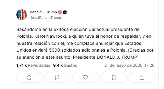 Trump anunció el envío de 5.000 soldados adicionales a Polonia en medio de la tensión con la OTAN