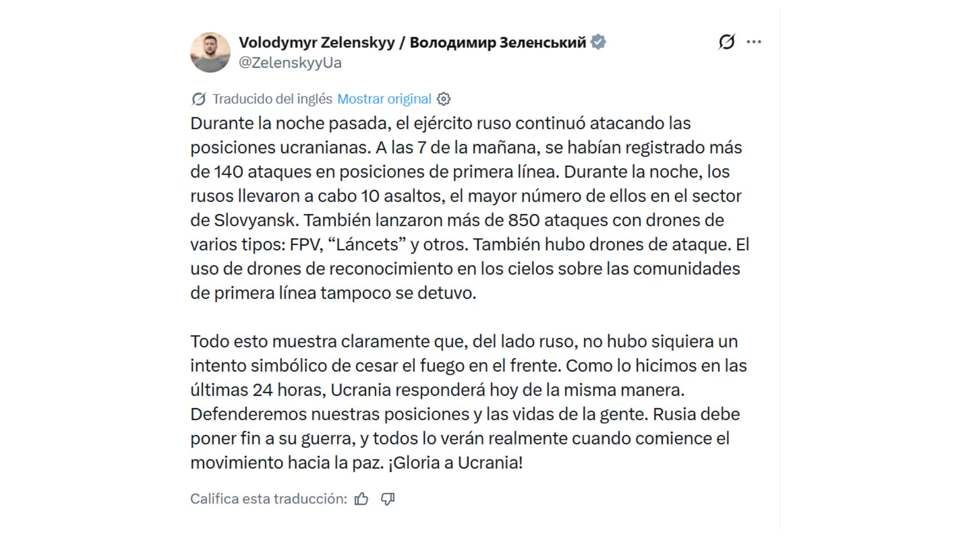Zelensky denunció que Rusia no respetó en el frente la tregua por el Día de la Victoria y aseguró que responderá los ataques (@ZelenskyyUa)