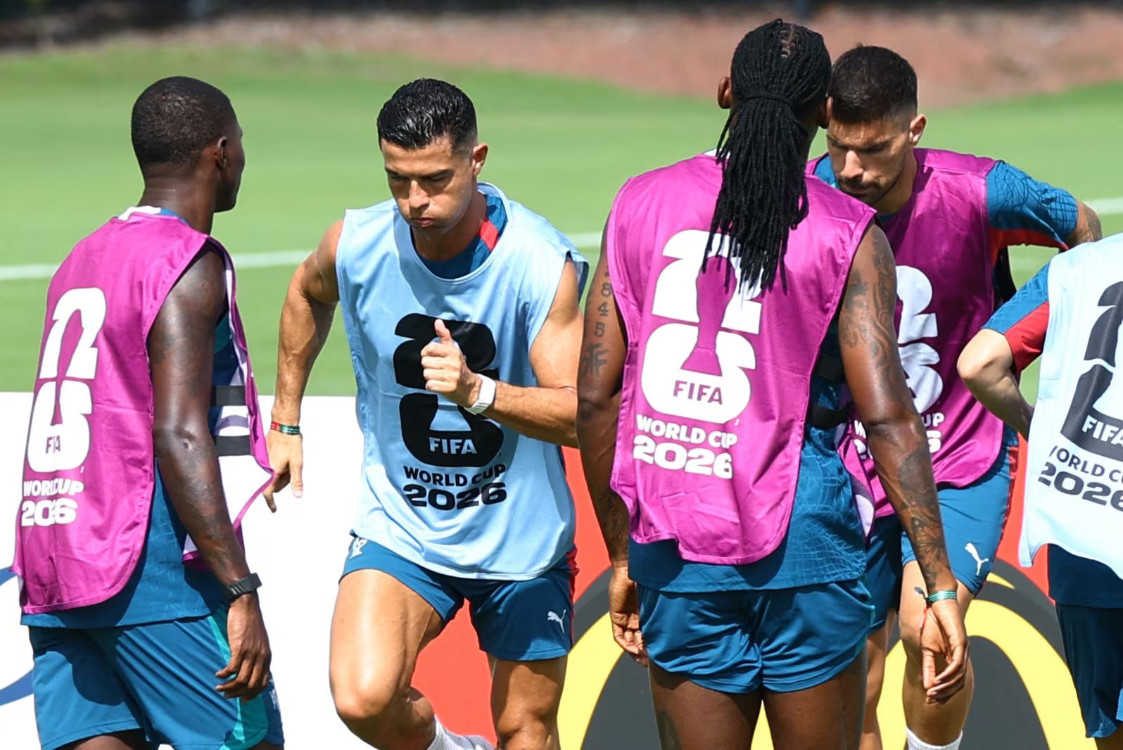 Soccer Football - FIFA World Cup 2026 - Portugal Training - The Gardens North County District Park, Palm Beach Gardens, Florida, U.S. - June 16, 2026 Portugal's Cristiano Ronaldo, Ruben Neves and teammates during training REUTERS/Marco Bello