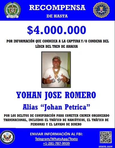 Por alias Johan Petrica el gobierno de los EE. UU. mantiene vigente el pago de una recompensa de 4 millones de dólares - crédito Departamento de Estado