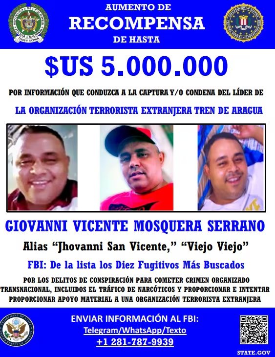 Por este criminal venezolano el gobierno de Estados Unidos, en cabeza de Donald Trump, ofrece una recompensa de 5 millones de dólares por información que ayude a dar con su captura - crédito Departamento de Estado