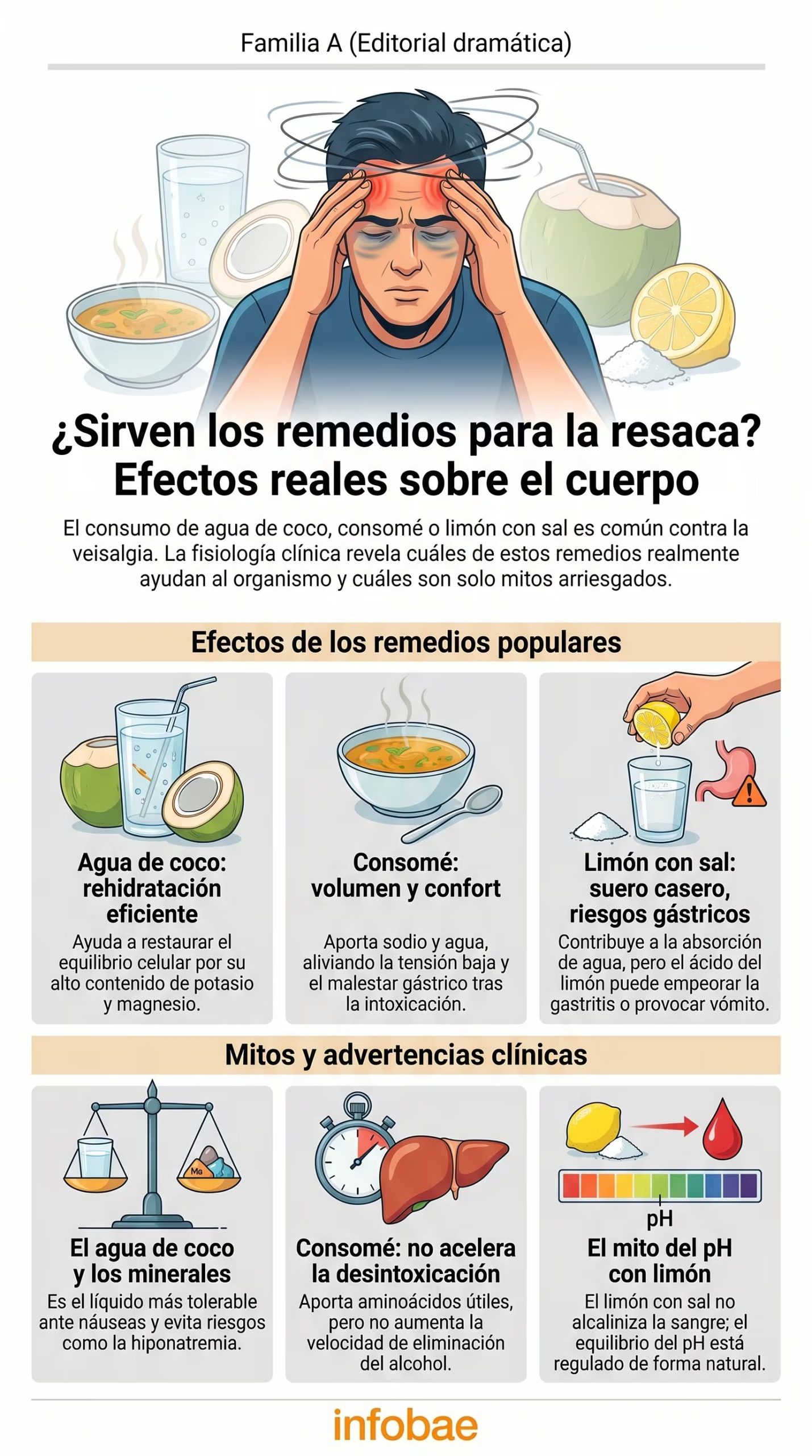 Una infografía detalla los efectos reales y los mitos de remedios populares para la resaca como el agua de coco, el consomé y el limón con sal, destacando sus beneficios y riesgos. (Imagen Ilustrativa Infobae)