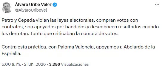 Álvaro Uribe Vélez señaló a Gustavo Petro e Iván Cepeda por supuestas violaciones electorales - crédito @AlvaroUribeVel/X