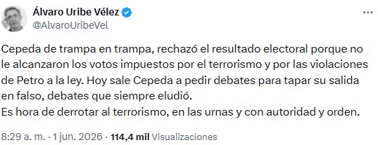 Álvaro Uribe pidió enfrentar “el terrorismo” en las urnas y sostuvo críticas contra Iván Cepeda - crédito @AlvaroUribeVel/X