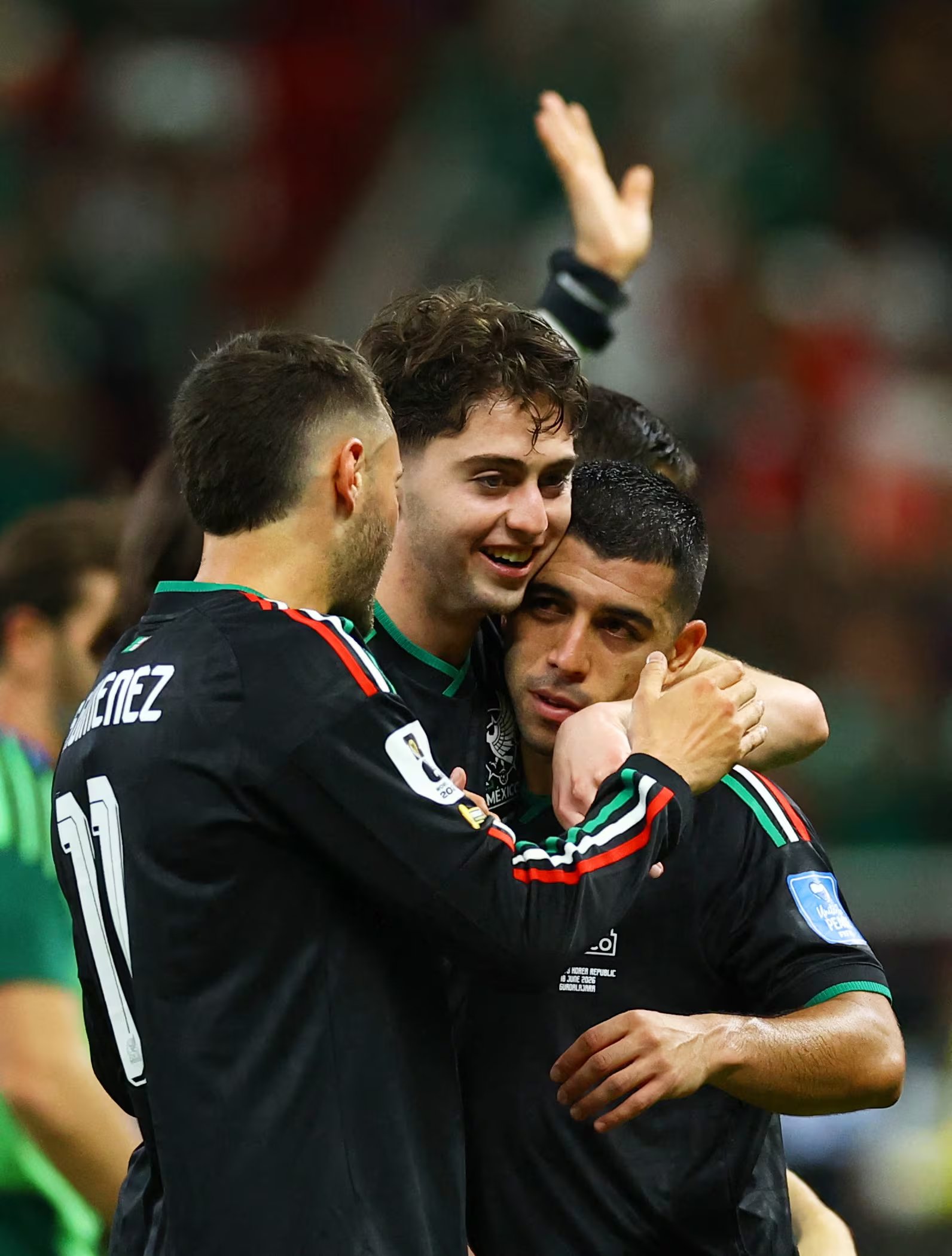 Soccer Football - FIFA World Cup 2026 - Group A - Mexico v South Korea - Estadio Guadalajara, Guadalajara, Mexico - June 18, 2026 Mexico's Brian Gutierrez, Santiago Gimenez and Erik Lira celebrate after the match REUTERS/Daniel Becerril