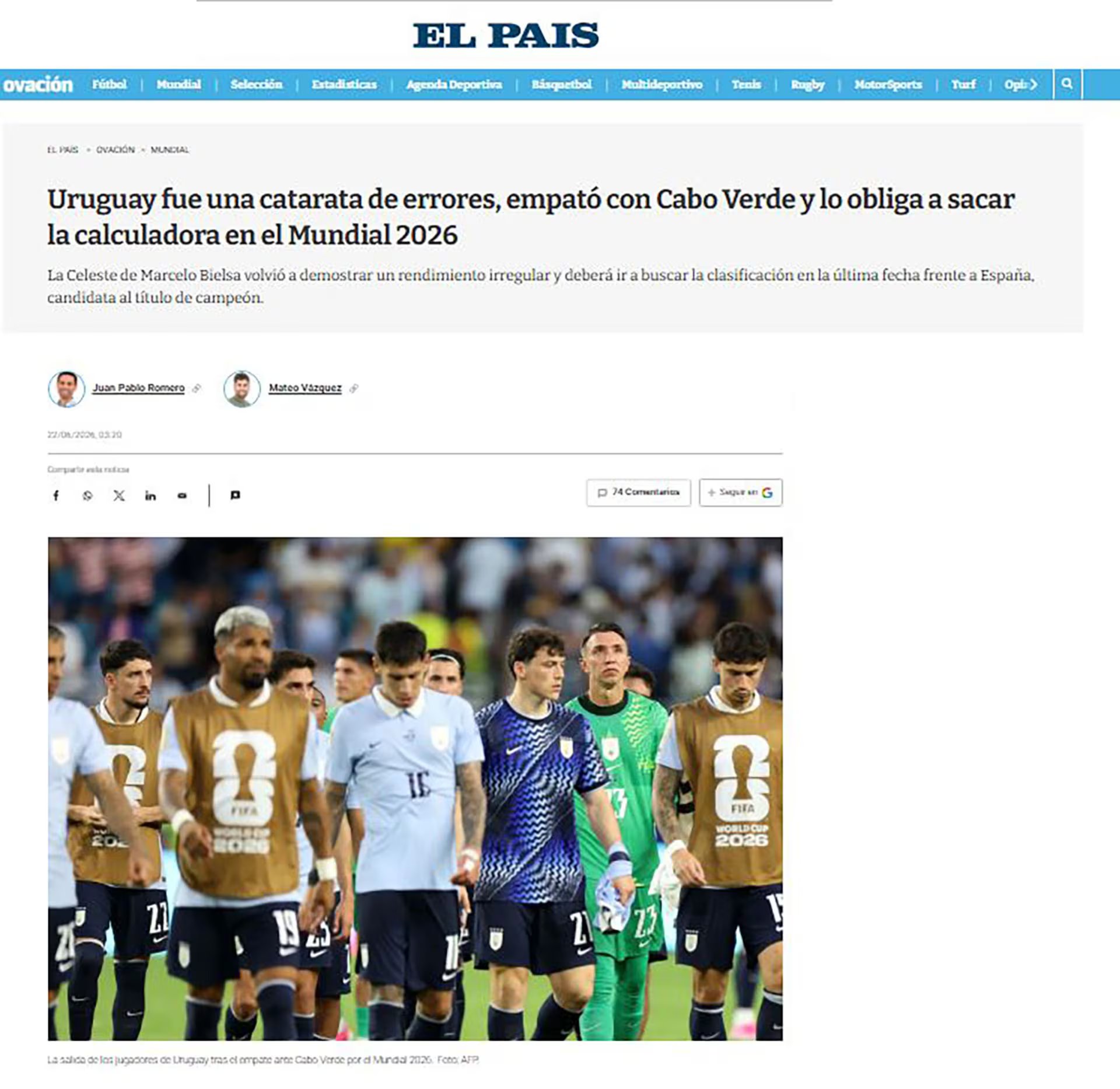 El País analizó la actuación de los futbolistas uruguayos ante Cabo Verde 