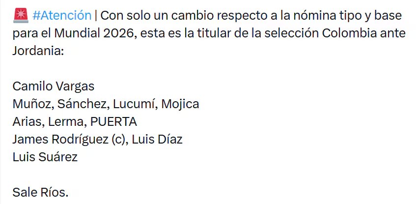Con James Rodríguez de capitán y Gustavo Puerta por encima de Richard Ríos, esta sería la titular del equipo nacional para enfrentar a Jordania - crédito @diegol/X