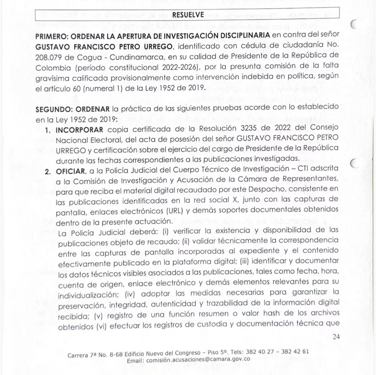 El primer mandatario publicó recientemente algunos trinos en los que hace referencia a la campaña electoral. La entidad también tendrá en cuenta publicaciones que ha realizado desde 2023 - crédito Comisión de Acusaciones