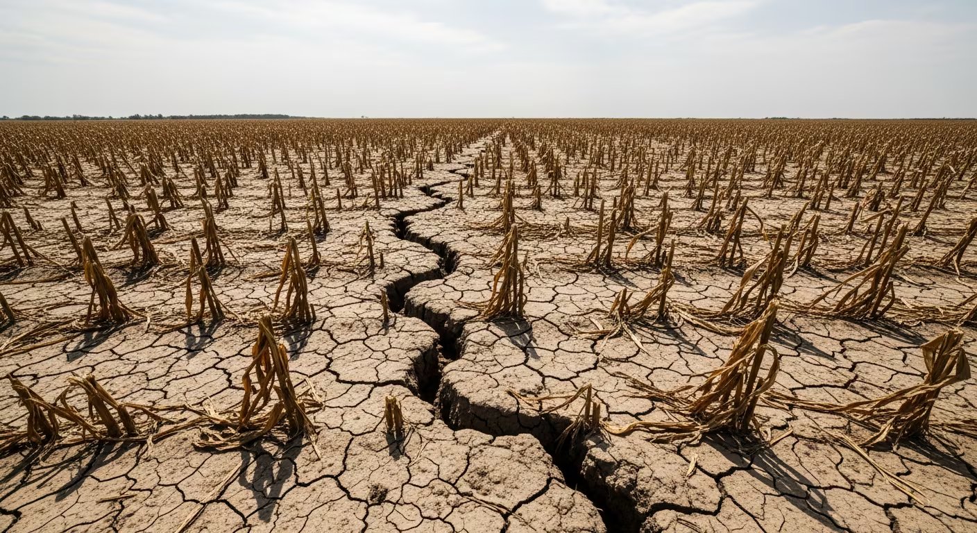 Un vasto terreno agrícola muestra profundas grietas en la tierra y cultivos marchitos, resultado de una sequía prolongada bajo un sol intenso y una atmósfera calurosa. (Imagen Ilustrativa Infobae)