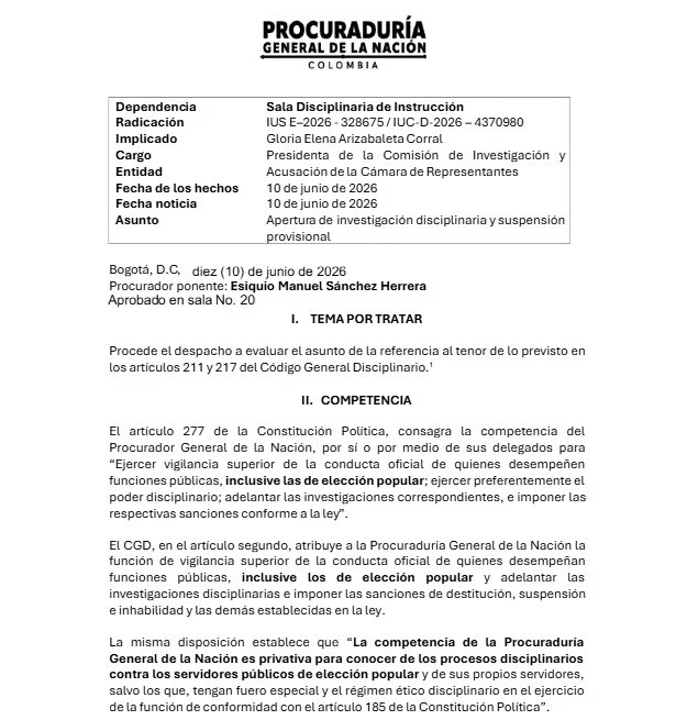 La Procuraduría abrió investigación disciplinaria contra Gloria Arizabaleta y ordenó su suspensión provisional del cargo hasta el 20 de julio de 2026 - crédito Procuraduría General de la Nación