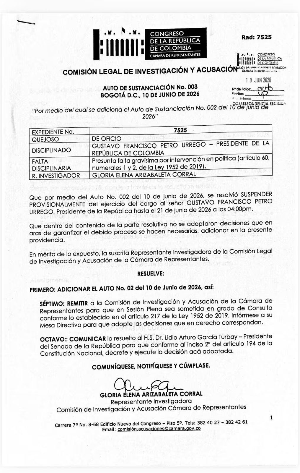 El caso se originó el 10 de junio, cuando Arizabaleta radicó un auto solicitando la suspensión del presidente Petro por hechos relacionados con publicaciones en redes sociales y declaraciones públicas - crédito Captura de Pantalla X