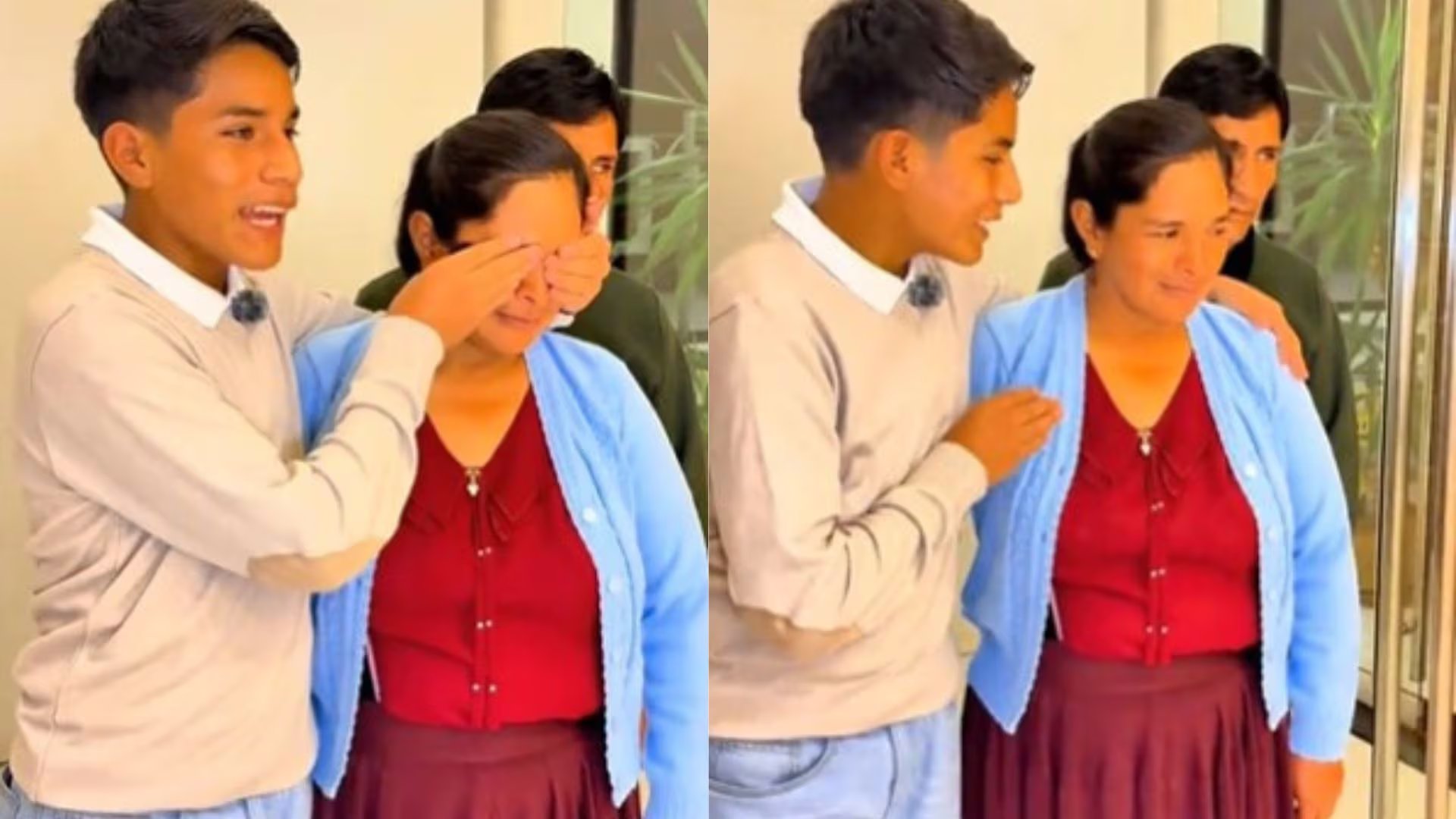 Pol Deportes celebra el cumpleaños de su madre cubriendo sus ojos para una emotiva sorpresa, mientras otro hombre los observa detrás.