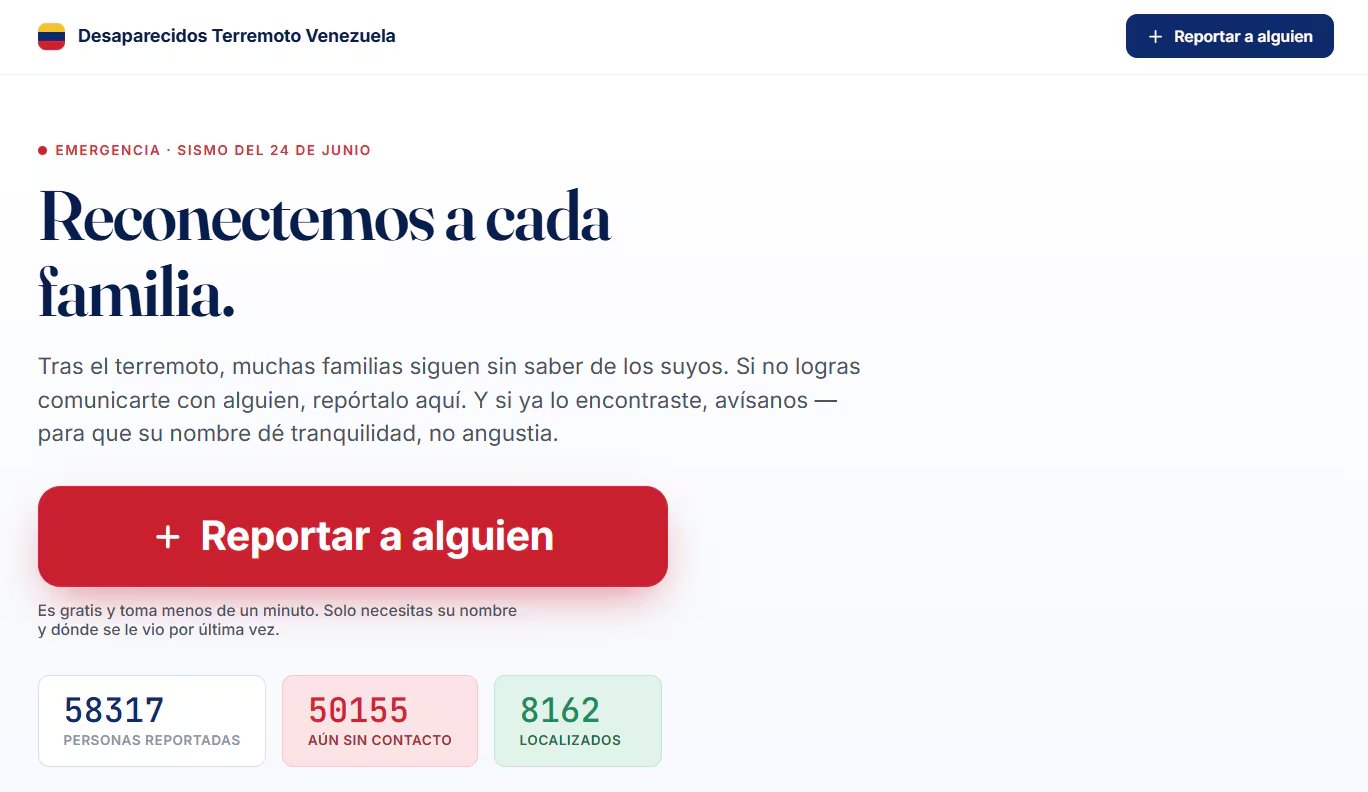 El portal desaparecidosterremotovenezuela.com exhibe el balance de 58.317 personas reportadas, 50.155 aún sin contacto y 8.162 localizadas tras el sismo del 24 de junio. (Captura de pantalla)