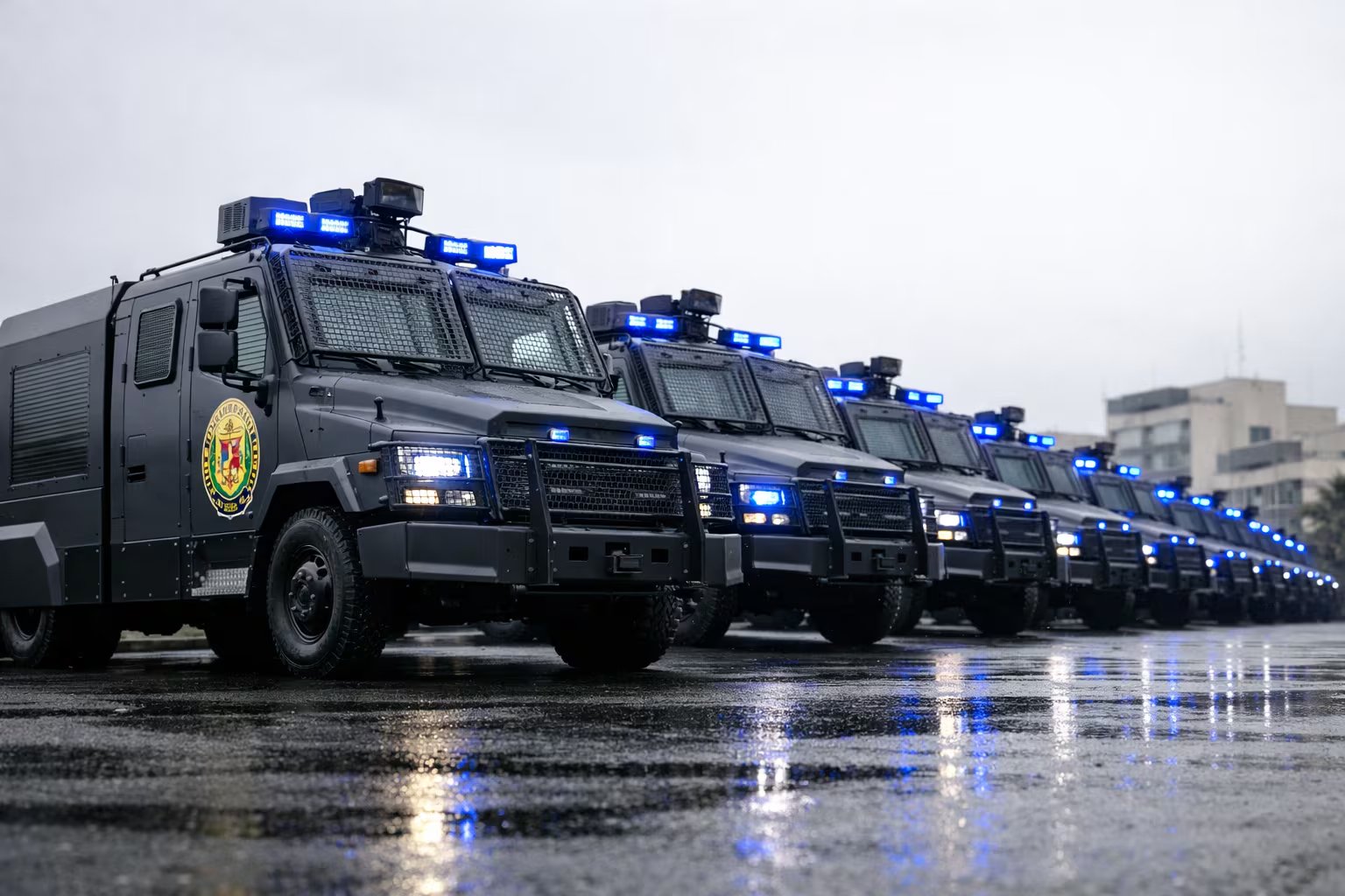 La imagen muestra una flota de vehículos antimotines recién renovados de la Policía Nacional del Perú, estacionados en fila sobre asfalto húmedo con luces azules encendidas, indicando una modernización de sus equipos. (Imagen Ilustrativa Infobae)